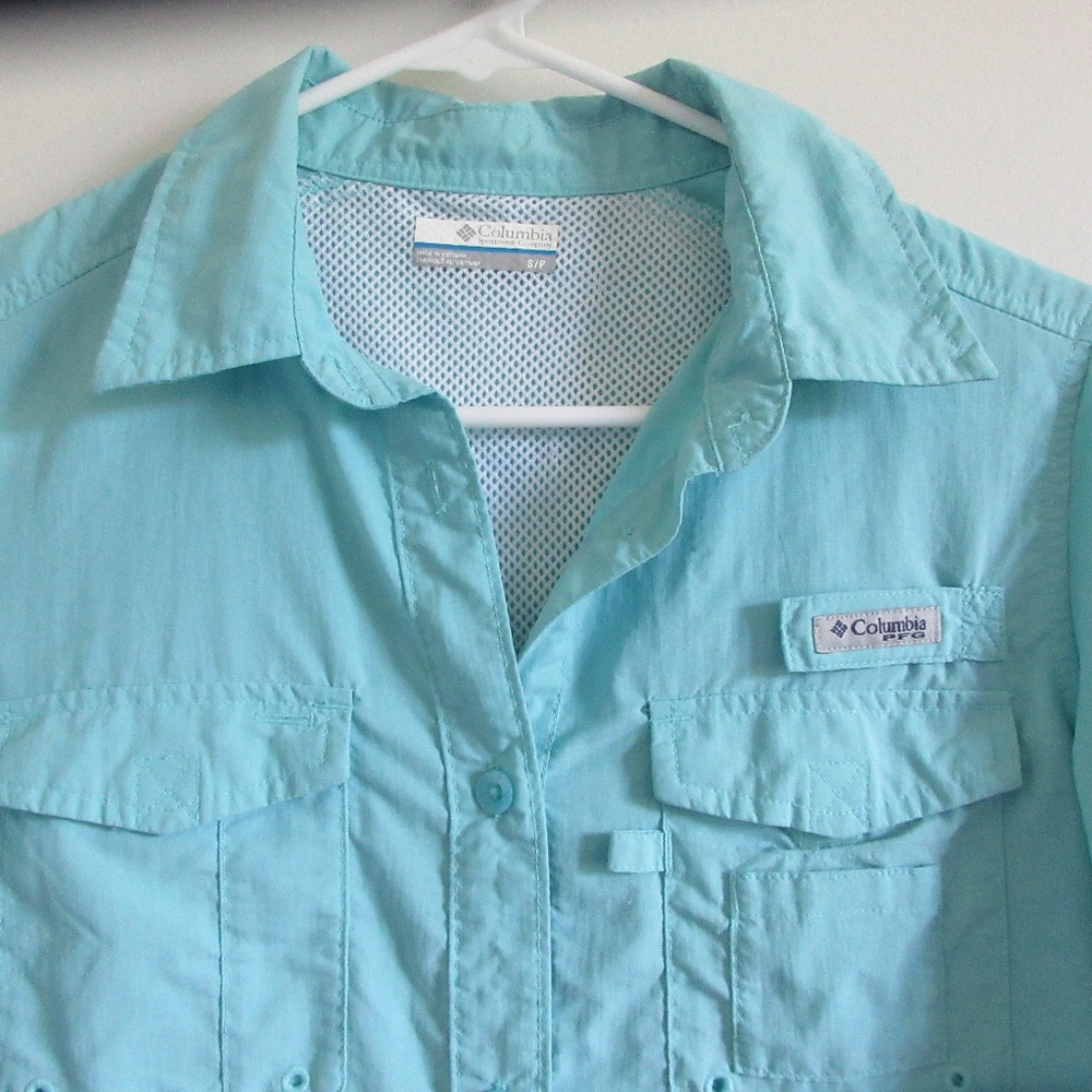 Womens Columbia PFG Netted Shirt S/P Teal EUC